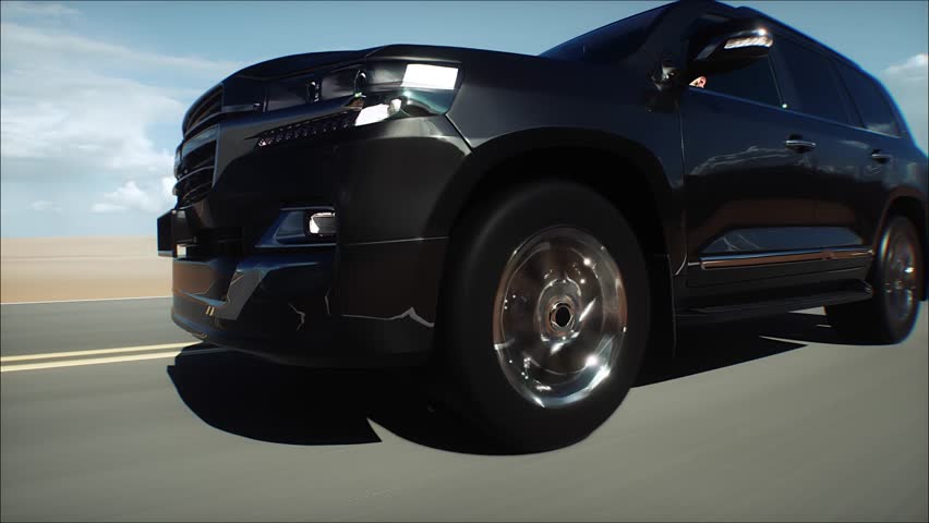 3d model luxury black car on desert highway. Very fast driving. Realistic 4k animation.