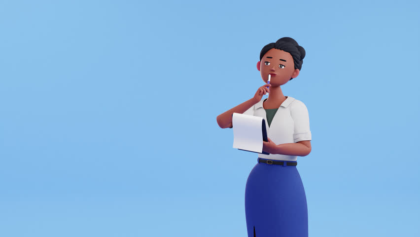Woman character animation. Lady holding notepad and pen, writing, thinking. Brainstorming, creativity concept, ideas, inspiration, planning, focus and professional work. 3d render cartoon style.