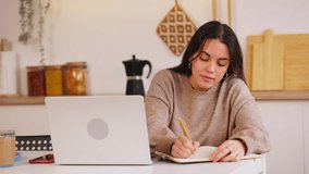 Young happy woman working on laptop in the kitchen at home while drinking coffee in the morning. Female student learning online. Education or business concept - Powered by Shutterstock - Get 15% off with code: PIKWIZARD15