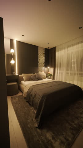 Stylish and elegant minimalist home interior featuring clean lines, neutral colors, and warm ambient lighting, creating a cozy and modern atmosphere.