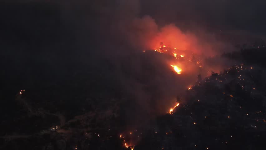 An aerial view of an active forest fire with bright flames lighting up the night sky. Firefighting vehicles are visible on a dirt road, the ongoing to control the blaze in the terrain.