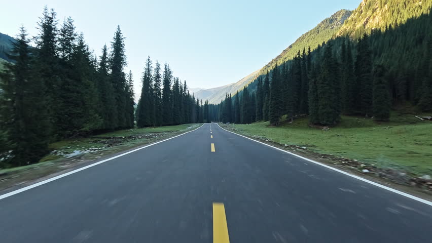 An empty road stretching through a forest with mountains in the distance 