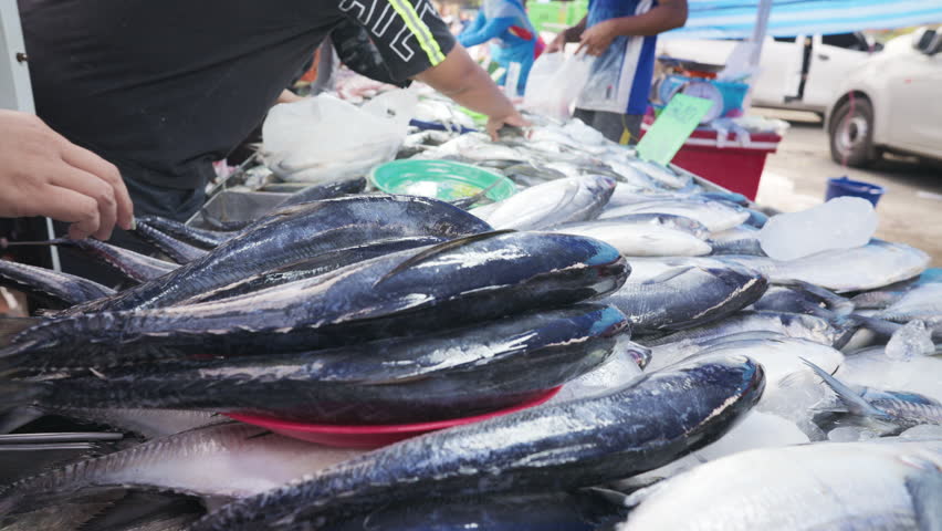 Many people hand buy seafood tuna fish in fishery traditional market Thailand