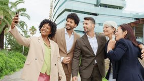 Business, multiethnic, people, financial Business team members enjoying a fun selfie moment outdoors - Powered by Shutterstock - Get 15% off with code: PIKWIZARD15
