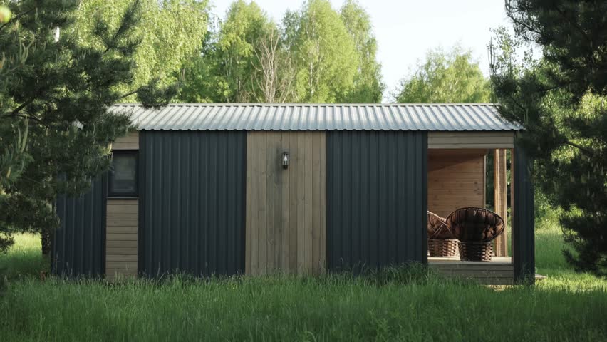 A Modern Rustic Cabin Positioned Beautifully Amidst Serene and Lush Greenery in Nature