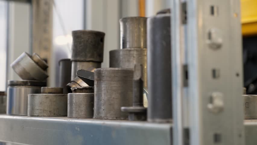 Close-up of a shelf with silent blocks at a car service station, various tools and accessories. Modern auto repair shop. Replacement of the silent block.
