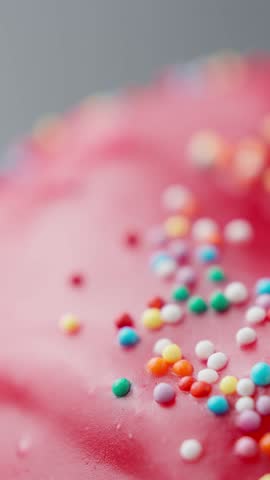 Pink donut with sprinkles. Macro. Unhealthy food. Bakery and food concept. Glazed donut with sprinkles. Vertical video. Slider shot. Close-up in 4K, UHD