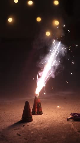 An Anar, or flower pot firecracker, lights up in mesmerizing slow motion, emitting radiant sparks and a fountain of light. This iconic firework, a favorite during Indian celebrations.