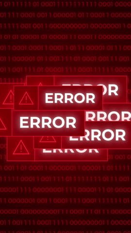Vertical, CGI template of multiple red error messages popping up chaotically on smartphone screen, against background of running binary digits, during malware execution or hacker attack