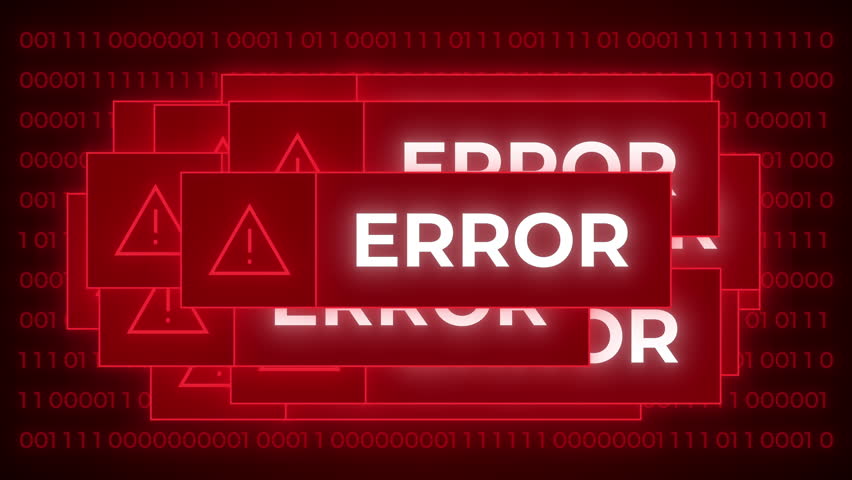 CGI template of multiple red error messages with exclamation mark symbol appearing chaotically on computer screen, against background of running binary digits, during system failure or hacker attack