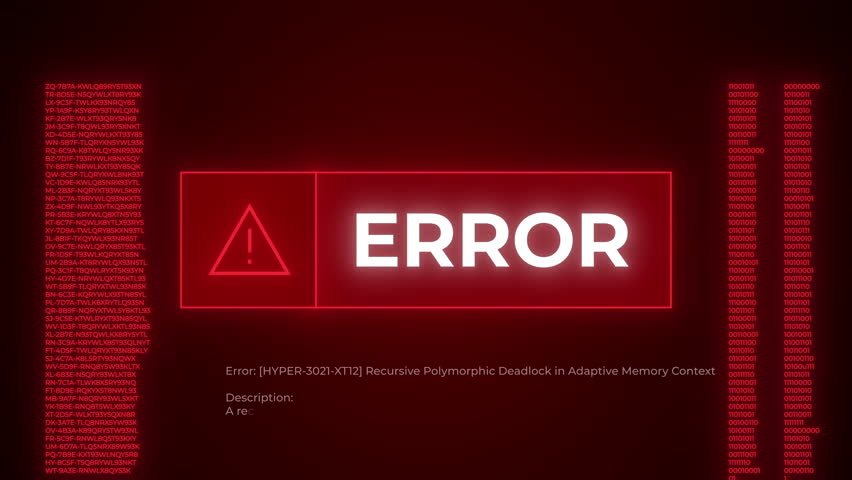 CGI template of red error message with exclamation mark on computer screen, running columns of digits on both sides, lines of code scrolling upwards in background, during system failure or DDOS attack