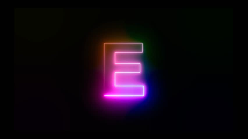 Letter E with an abstract, colorful neon effect and motion animation in 4K video footage.
