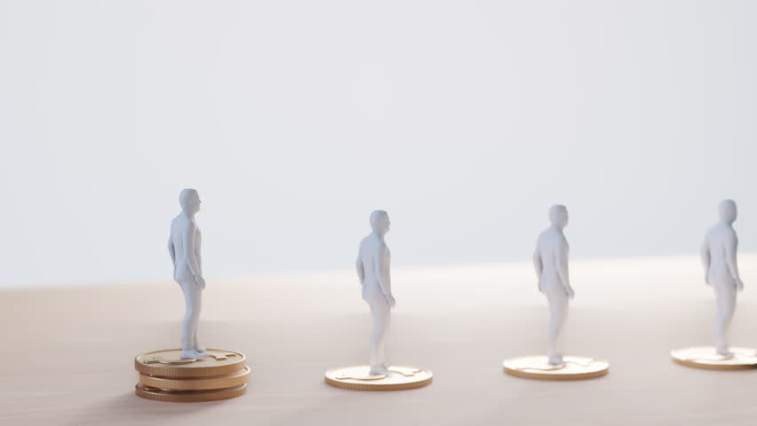 Miniature figures standing on increasing stacks of coins, symbolizing salary growth, career progression, or wealth accumulation over time.