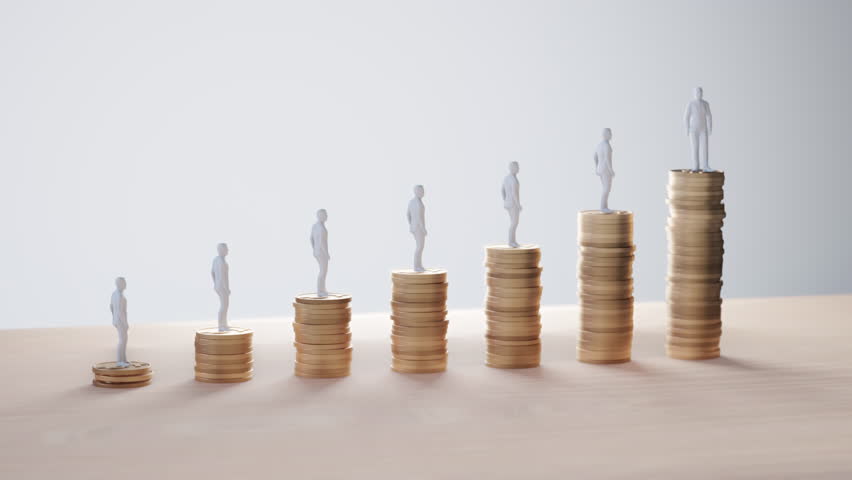 Miniature figures standing on increasing stacks of coins, symbolizing salary growth, career progression, or wealth accumulation over time.
