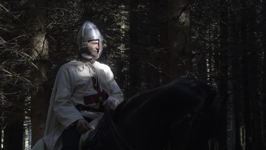 Templar crusader knight on horseback in a forest