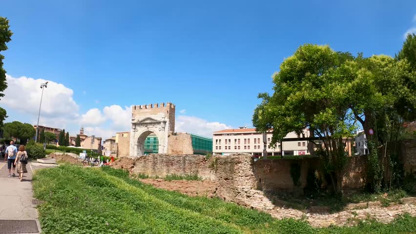 The Arch of Augustus in Rimini, Italy. The oldest Roman triumphal arch in Italy, built in honor of Emperor Octavian Augustus.