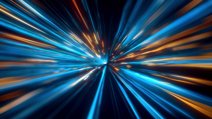 Abstract blue and orange neon light streaks moving fast through on a dark tunnel. Concept of speed, motion or futuristic technology. 4k seamless loop video
