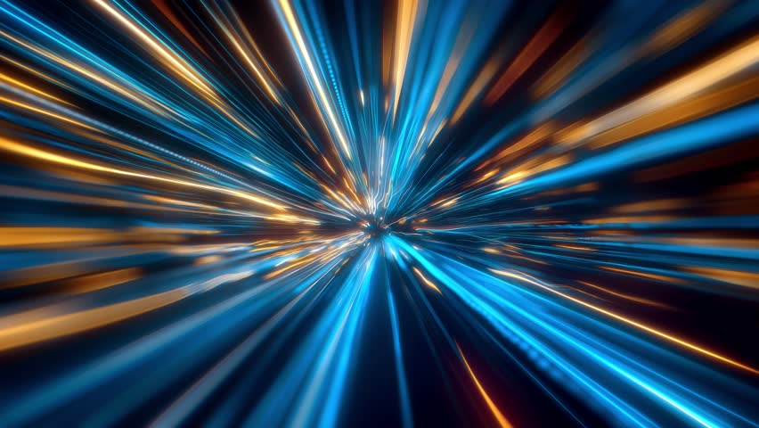 Abstract blue and orange neon light streaks moving fast through on a dark tunnel. Concept of speed, motion or futuristic technology. 4k seamless loop video