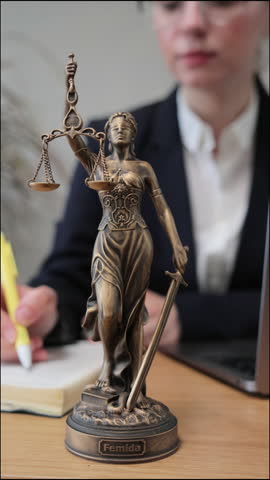 female lawyer types on laptop makes notes in notebook, sitting at table with statue of justice in office of Themis. video 4k business woman looks at computer screen types text, performs legal work.