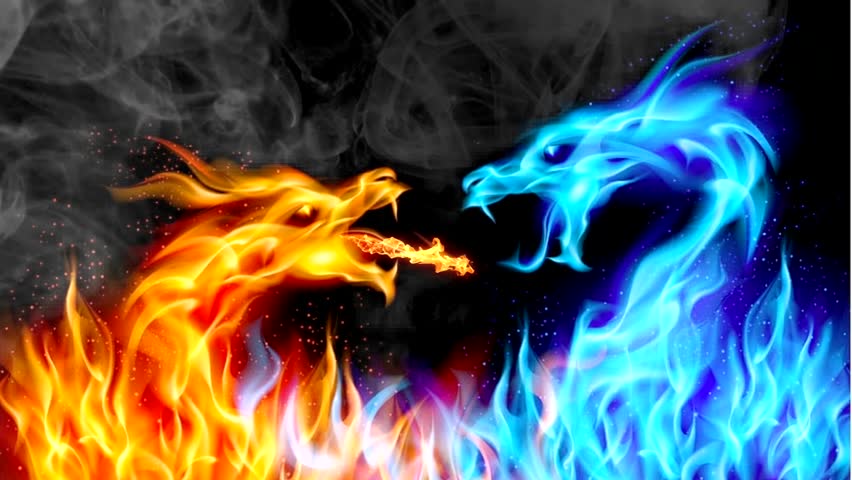 two fire dragons fighting fiercely. One dragon has bright orange flames, while the other dragon emits cold blue flames. Both dragons are seen growling and ready to attack each other with the flames th