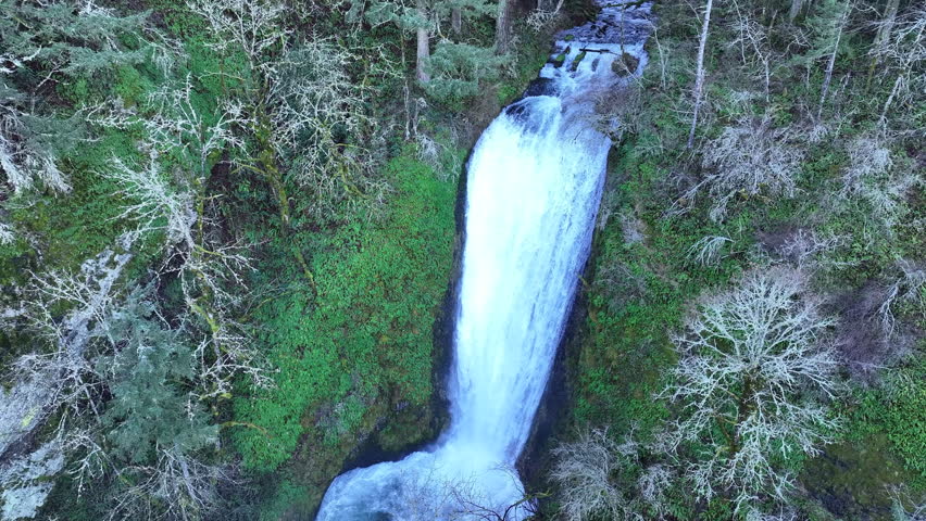 The picturesque Bridal Veil Falls flows through a healthy forest in the Columbia River Gorge National Scenic Area, Oregon. The gorge, not far from Portland, contains a plethora of scenic waterfalls.
