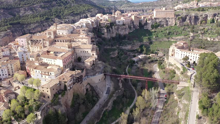 Aerial photo of Cuenca with view of medieval buildings. Castilla-La Mancha, Spain.