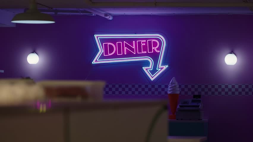 Old Schoool LED Diner Sign On The Wall Of A Restaurant. - wide shot