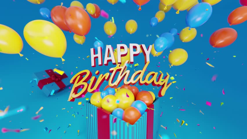 happy birthday text and balloons out of the box 3d intro animation