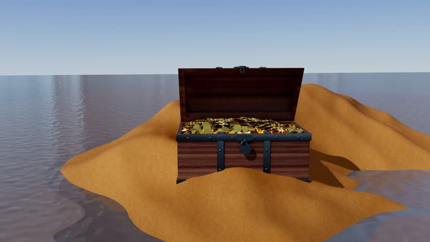 A wooden chest is sitting on a sandy beach with the ocean in the background. The chest is filled with gold coins, giving the impression of a treasure chest. The scene is serene and peaceful