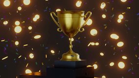 A gold cup sits on a black pedestal. The cup is the winner of a competition and is being displayed as a trophy. Concept of accomplishment and pride in the winner's achievement - Powered by Shutterstock - Get 15% off with code: PIKWIZARD15