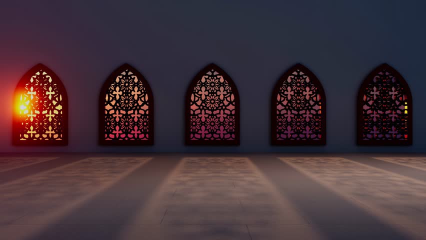 A room with five arched windows and a sun shining through the center. The room is empty and the sun is the only source of light