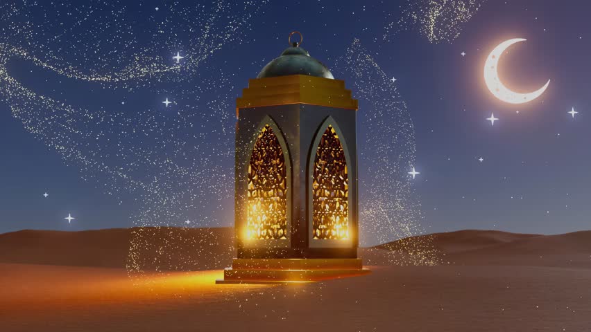 A gold colored lantern with a black top and a silver chain hanging from it, ramadan concept.