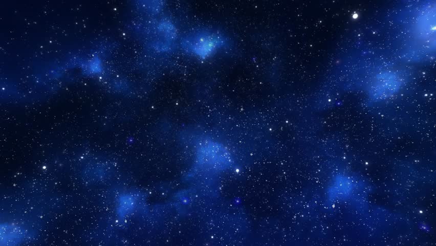 Blue nebula filling space, shining brightly against the dark background of space. Stars and galaxy space sky night universe overlay virtual background video animation. High quality 4k footage.