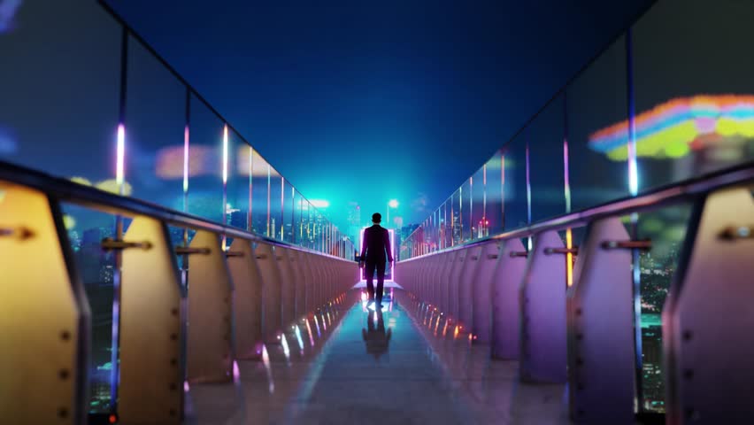 Businessman walks on glass bridge above futuristic smart city with digital data flowing. 3D rendering
