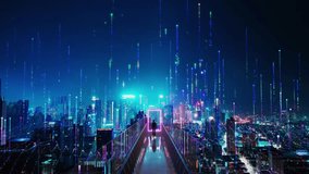 Businessman walks on glass bridge above futuristic smart city with digital data flowing. 3D rendering - Powered by Shutterstock - Get 15% off with code: PIKWIZARD15
