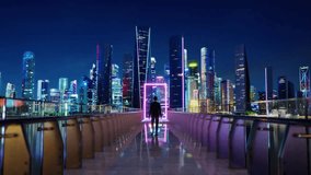 Businessman walks on a bridge towards a futuristic portal in a smart city with neon lights. 3D rendering - Powered by Shutterstock - Get 15% off with code: PIKWIZARD15