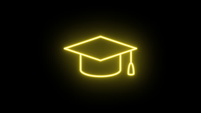 Neon mortarboard icon animation, slow colorful blink. Glowing neon academic hat, looped slow flashing animation. University graduate, business education, MBA, master degree. Sequence of 9 colors