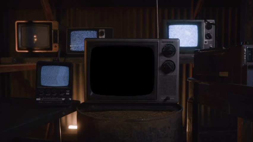 A monitor with ripples on the desktop screen. Retro office, interior details