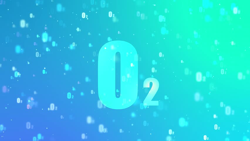 Background of hydrogen molecules flying randomly. White O2 Text fly on blue sky for World Ozone Day concept