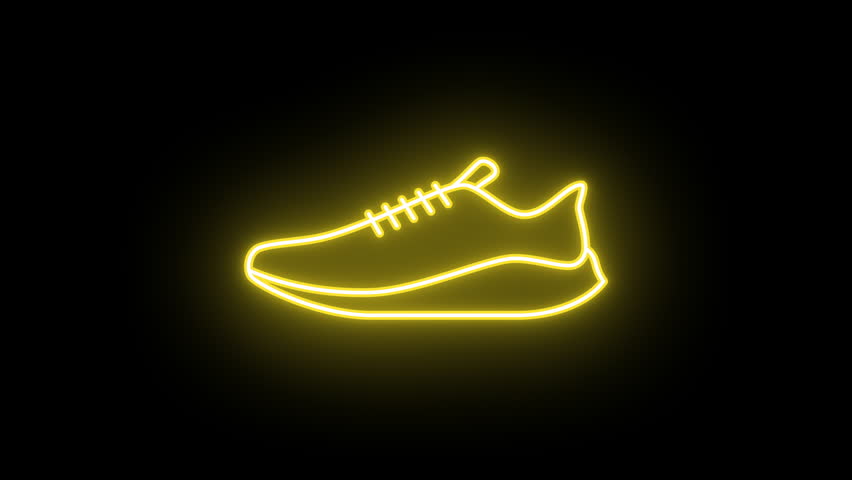 Neon sport shoe icon animation, slow blink. Glowing neon sneaker sign, looped slow flashing animation. Training footwear, running sneaker, fitness and gym, sport shop. Sequence of 9 colors