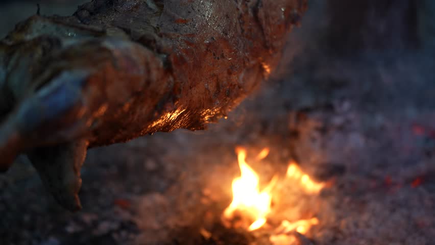 Fat Dripping from Roasted Lamb Over Open Fire Burning Wood Traditional Cooking Delicious Rustic Cuisine
