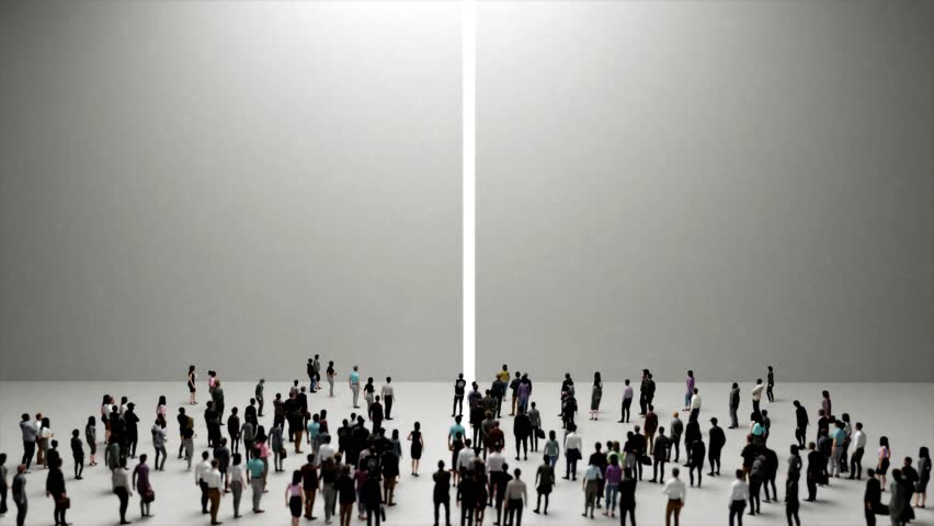 Group of business people watching big gate opening to light. New start and opportunity