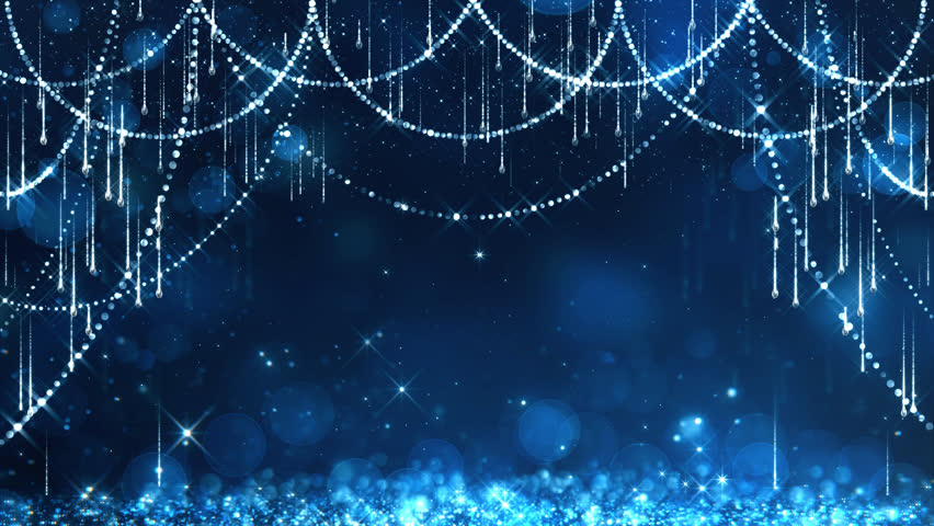 Beautiful luxury blue Crystal Beads Curtain. Chain Hanging Ornament. stardust particles trails falling. bokeh glowing on space floor. Digital Art. Modern background. motion design. Loopable. LED.4K