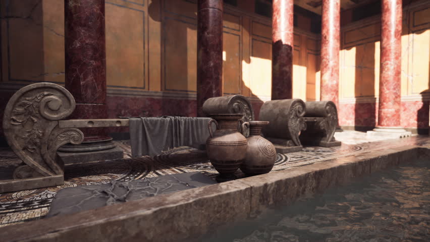 A beautifully preserved Roman bathhouse featuring tall columns, intricate mosaics, and stone benches. Pottery sits neatly along the edge of a shallow water feature, creating a serene atmosphere.