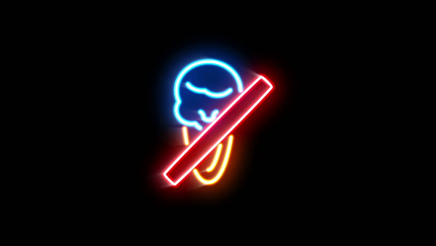 he blinking neon light of a forbidden sign on a black background.