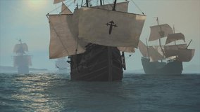 The NAO VICTORIA in front is the flagship of MAGELLAN .A scientific 3D-ILLUSTRATION of Magellan's Armada. In 1519 starting an expedition to circumnavigate the world - Powered by Shutterstock - Get 15% off with code: PIKWIZARD15