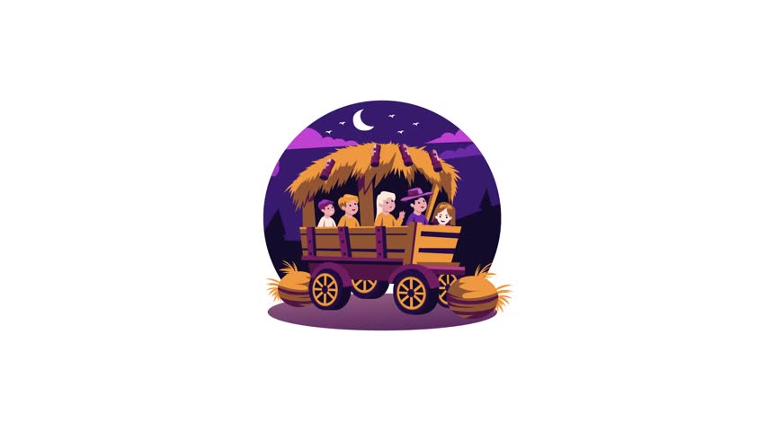 Kids sitting in a wooden cart, flat style animated illustration 
