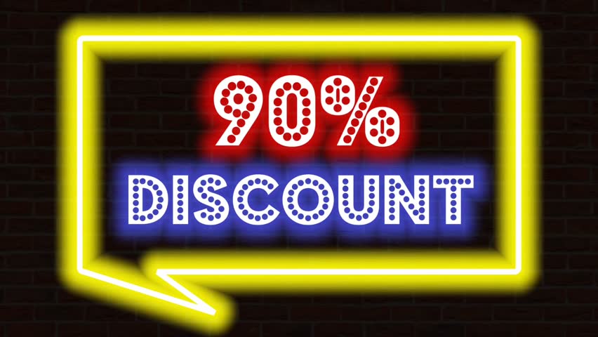 Neon animation of the text "90% DISCOUNT" in Red and Blue with a blinking effect and a yellow blinking neon callout frame, set against a dark brick wall background