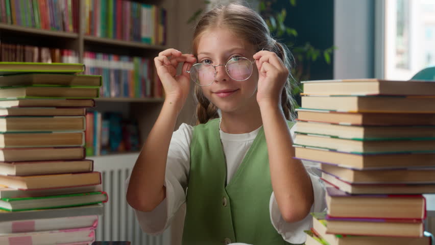 Cute adorable smiling Caucasian little girl kid schoolgirl school child pupil student learner wearing eyeglasses glasses eyewear preparing reading do homework study schoolwork in classroom education