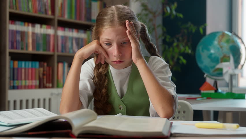 Anxious scared little Caucasian teenager junior teen school girl child nervous worried panic student kid schoolgirl pupil preparing for exam hard test fear homework overload indoors classroom library - Powered by Shutterstock - Get 15% off with code: PIKWIZARD15